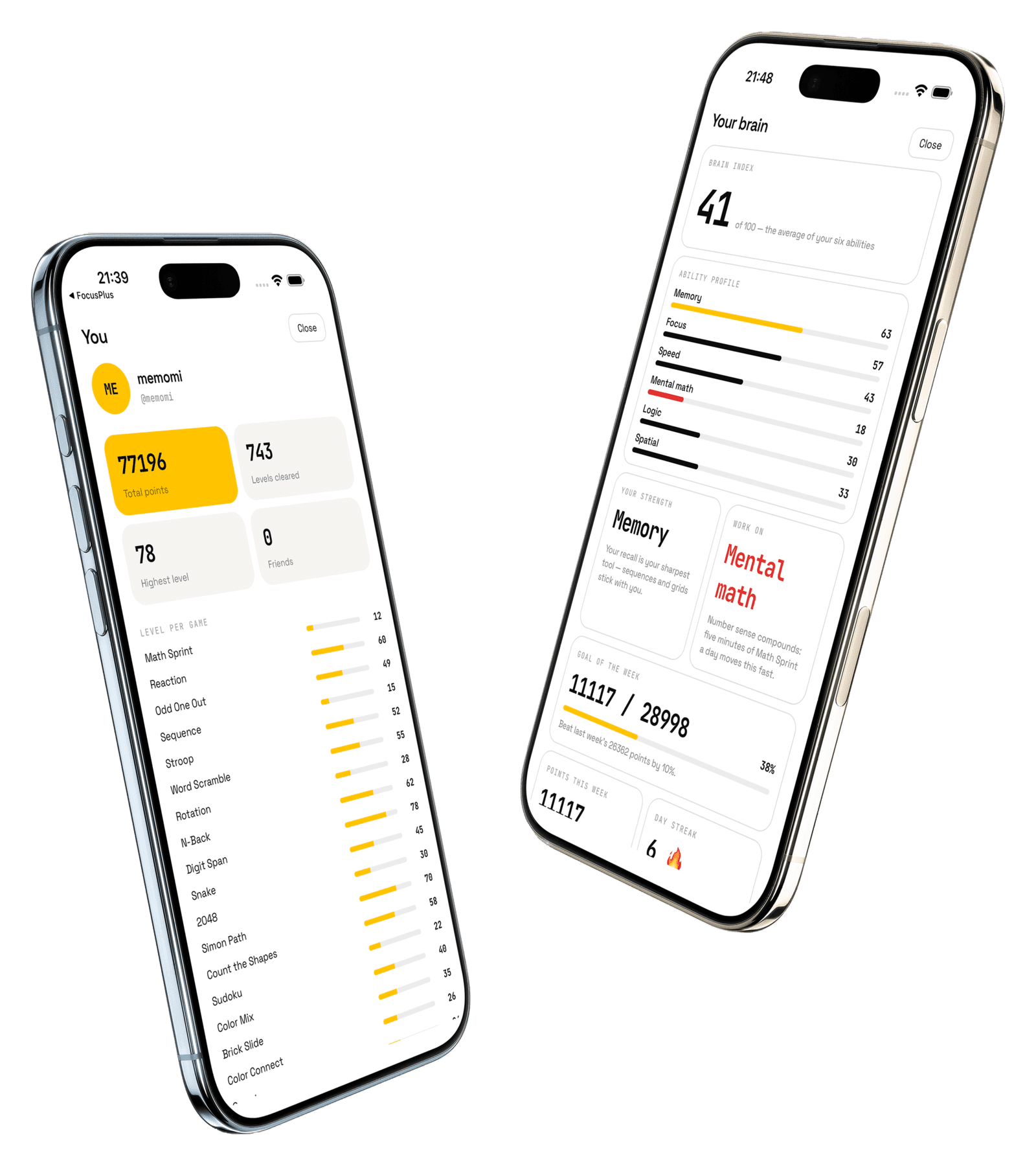 The Memomi app: your profile with levels per game, and your weekly brain analysis